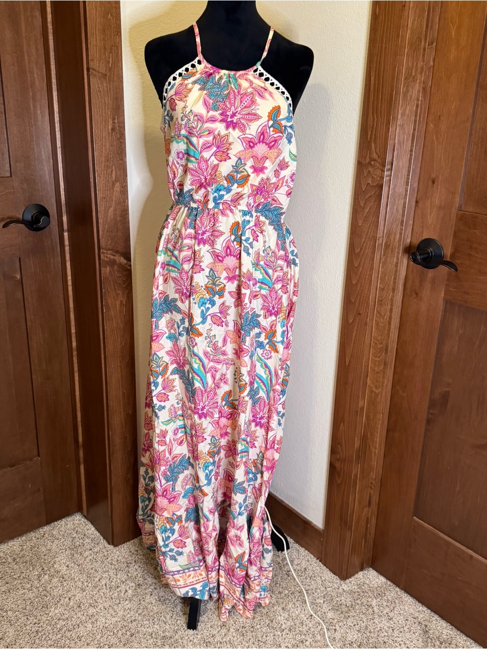 Cupshe Pink Floral Halter Maxi Dress with Teal & Orange Print